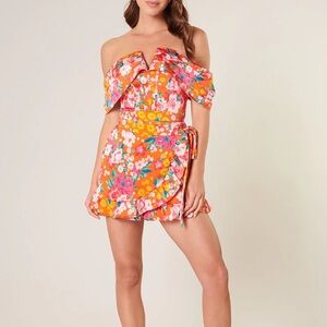 Floral Off-Shoulder Wrap Skirt Set - Orange